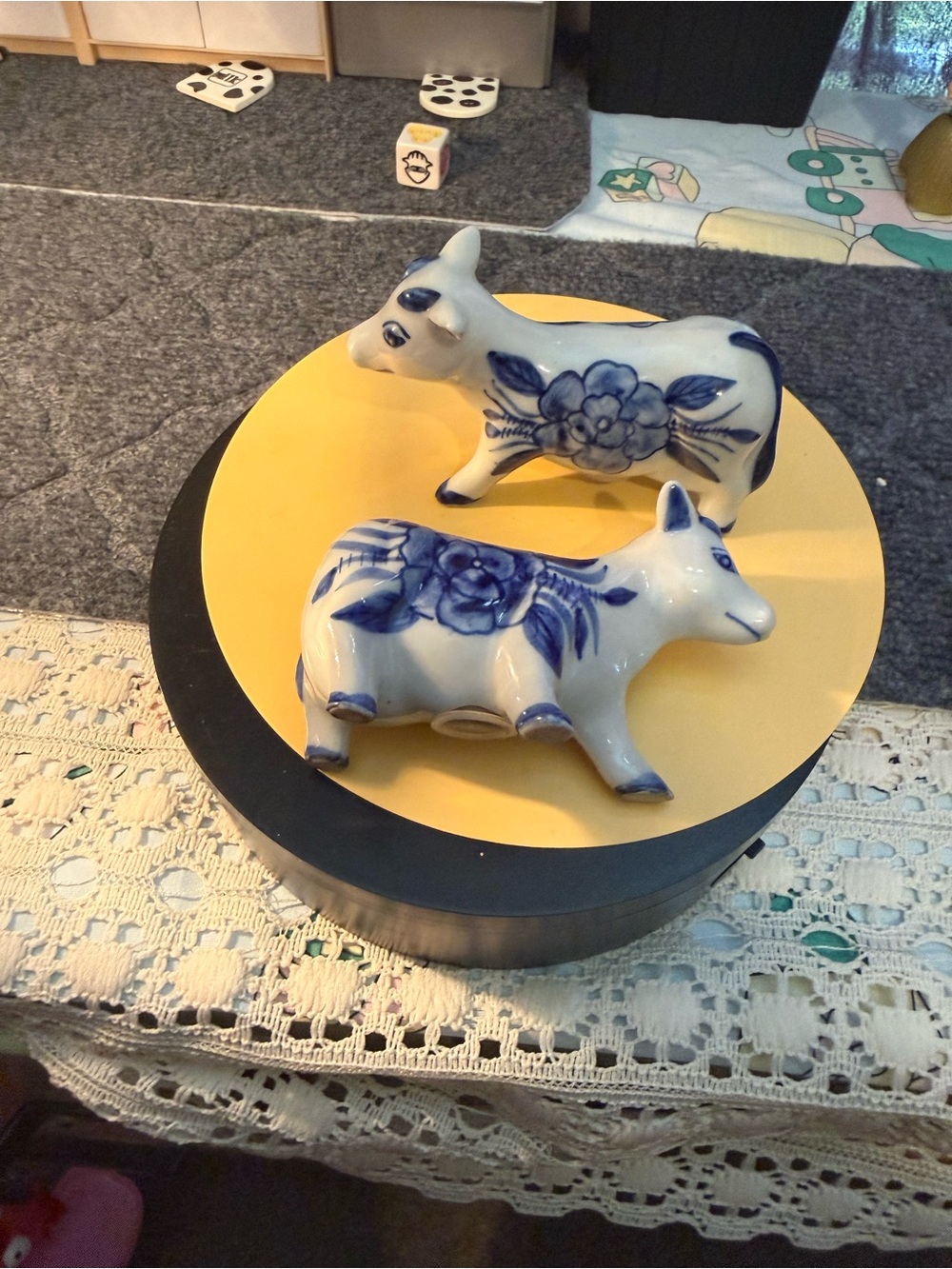 Blue and White Ceramic Cow Salt and Pepper shakers- Classic Floral Design